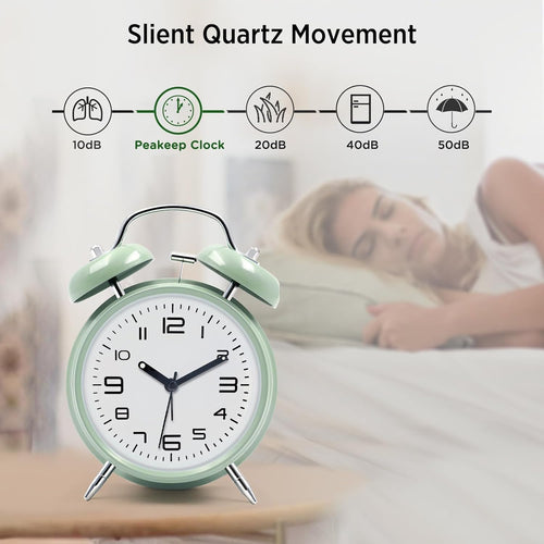 Hush & Ring mint green alarm clock, twin metal bells with the hammer between them
