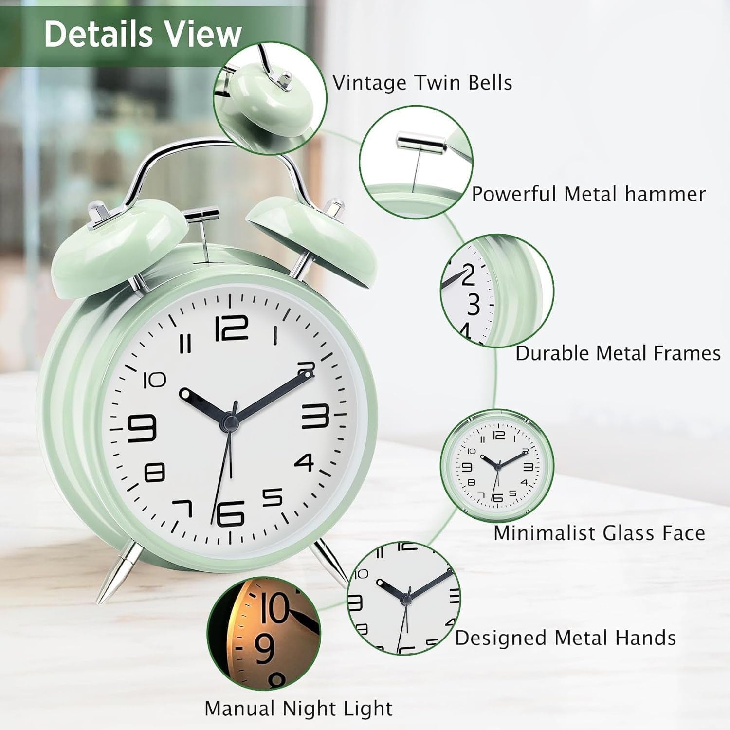 Hush & Ring analog alarm clock, mint green metal case and plain black hands