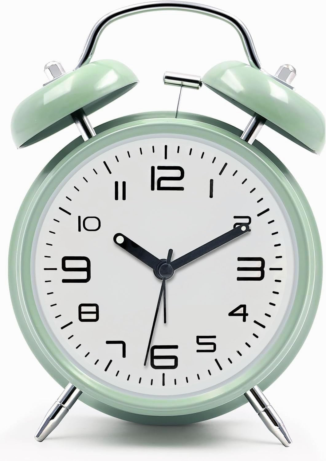 Hush & Ring twin-bell analog alarm clock in mint green, four-inch metal body