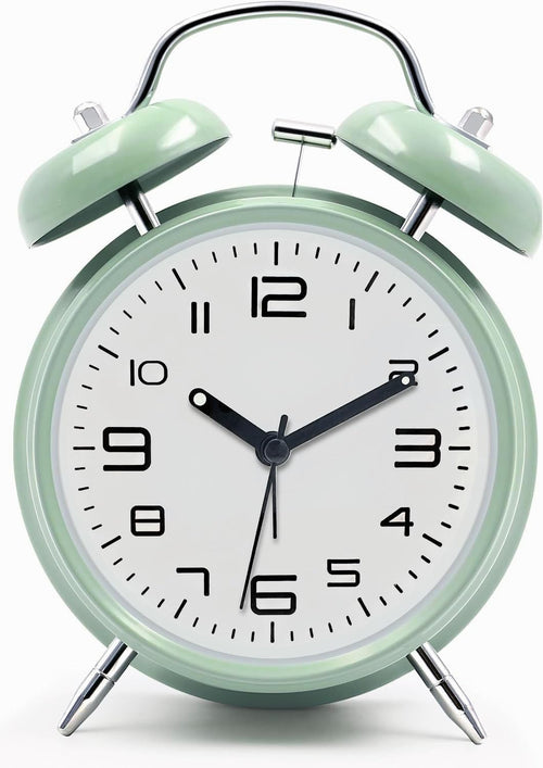 Hush & Ring twin-bell analog alarm clock in mint green, four-inch metal body